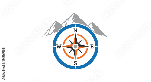 Graphic design of a compass with a mountain backdrop
