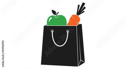 A black shopping bag contains a green apple and an orange carrot