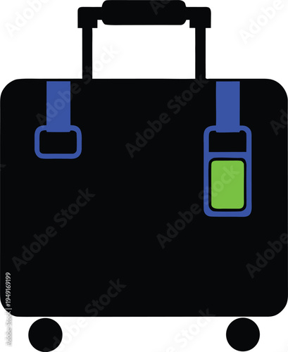 Black rolling suitcase with blue accents and green tag isolated on white background