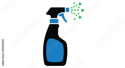 A black and blue spray bottle emitting a green sparkling mist