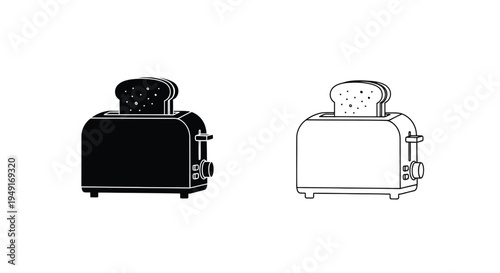 Simple illustration of two toasters one black one white with toast