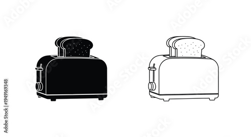 Two toasters depicted in contrasting black and white line art styles