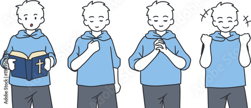 Christian Boy Vector Reading Bible and Praying. Perfect for Christian education, worship designs, religious content, character design, and inspirational artwork