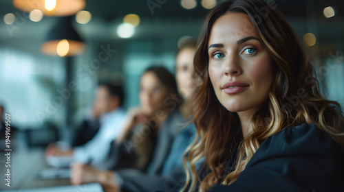 Businesswoman leading strategy meeting in modern boardroom in a realistic commercial visual style, designed for high demand commercial stock use with sharp detail, clean composition, and strong