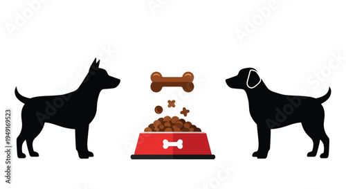 Two dogs facing a food bowl with bone shaped kibble