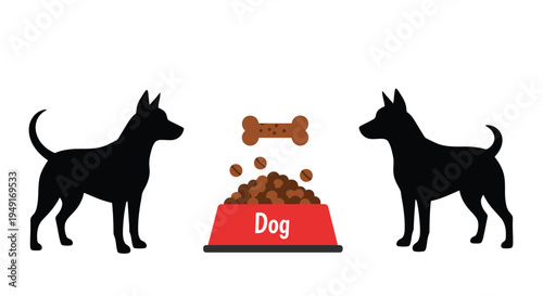 Two black dogs facing a red bowl of dog food and a bone