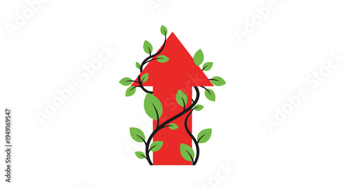 A vibrant red arrow intertwined with flourishing green vines and leaves