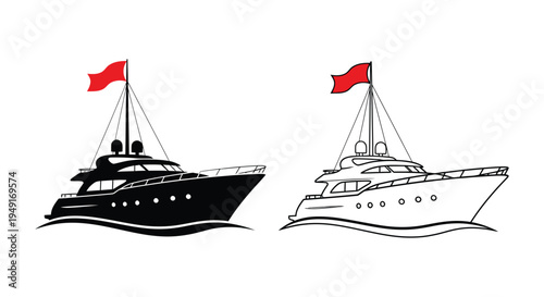 Two yachts one black and one white sailing with red flags