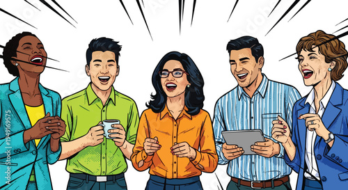 Inclusive Multicultural Creative Team Collaborating on Innovative Brand Strategy in Vibrant Pop Art Style