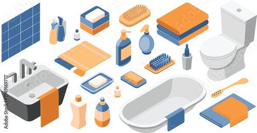 Isometric bathroom accessories collection, sink bathtub toilet towels soap dispenser brush hygiene items modern bathroom interior vector illustration