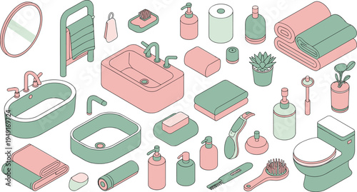 Isometric bathroom accessories collection, sink bathtub toilet towels soap dispenser razor toothbrush modern hygiene bathroom interior vector illustration set