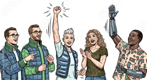 Inclusive High-Growth Tech Team Celebrating Innovation Milestone in Modern Pop Art Illustration Style