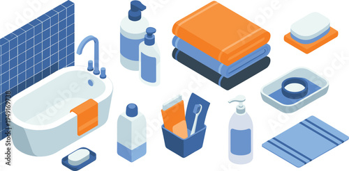 Isometric bathroom accessories set, bathtub, towels, soap, toothbrush, shampoo bottles, hygiene products, bathroom interior items vector illustration collection