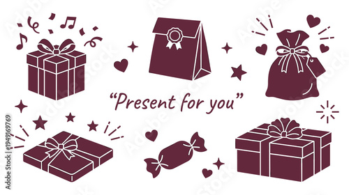 Monochrome gift icons and present symbols set isolated on clean white background
