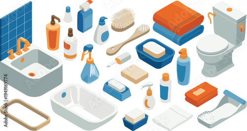 Isometric bathroom cleaning and hygiene accessories set, sink bathtub toilet towels soap bottles brush modern bathroom interior vector illustration