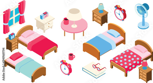 Isometric bedroom furniture collection, beds bedside tables lamp alarm clock fan cozy bedroom interior home furniture vector illustration set