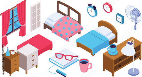 Isometric bedroom furniture and home interior set, bed window curtains alarm clock lamp cozy bedroom vector illustration collection