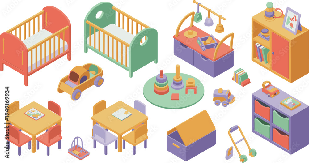 Obraz premium Isometric kids room furniture and toys set, baby crib play table toy storage children bedroom interior vector illustration