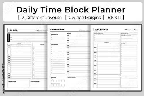 Daily time block planner vector template with hourly schedule and task list.