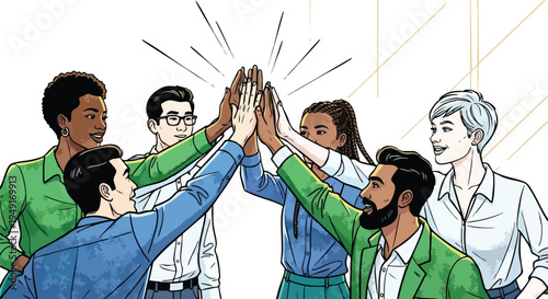 Diverse high-performing creative team celebrating project milestone and collective success in vibrant graphic novel illustration style