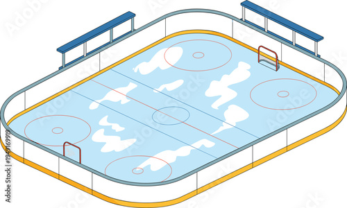 Isometric ice hockey rink arena, frozen sports field with goals and markings, winter hockey stadium vector illustration design