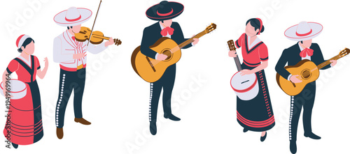 Isometric Mexican mariachi musicians performing, traditional folk band with guitar violin and costumes, cultural music festival vector illustration