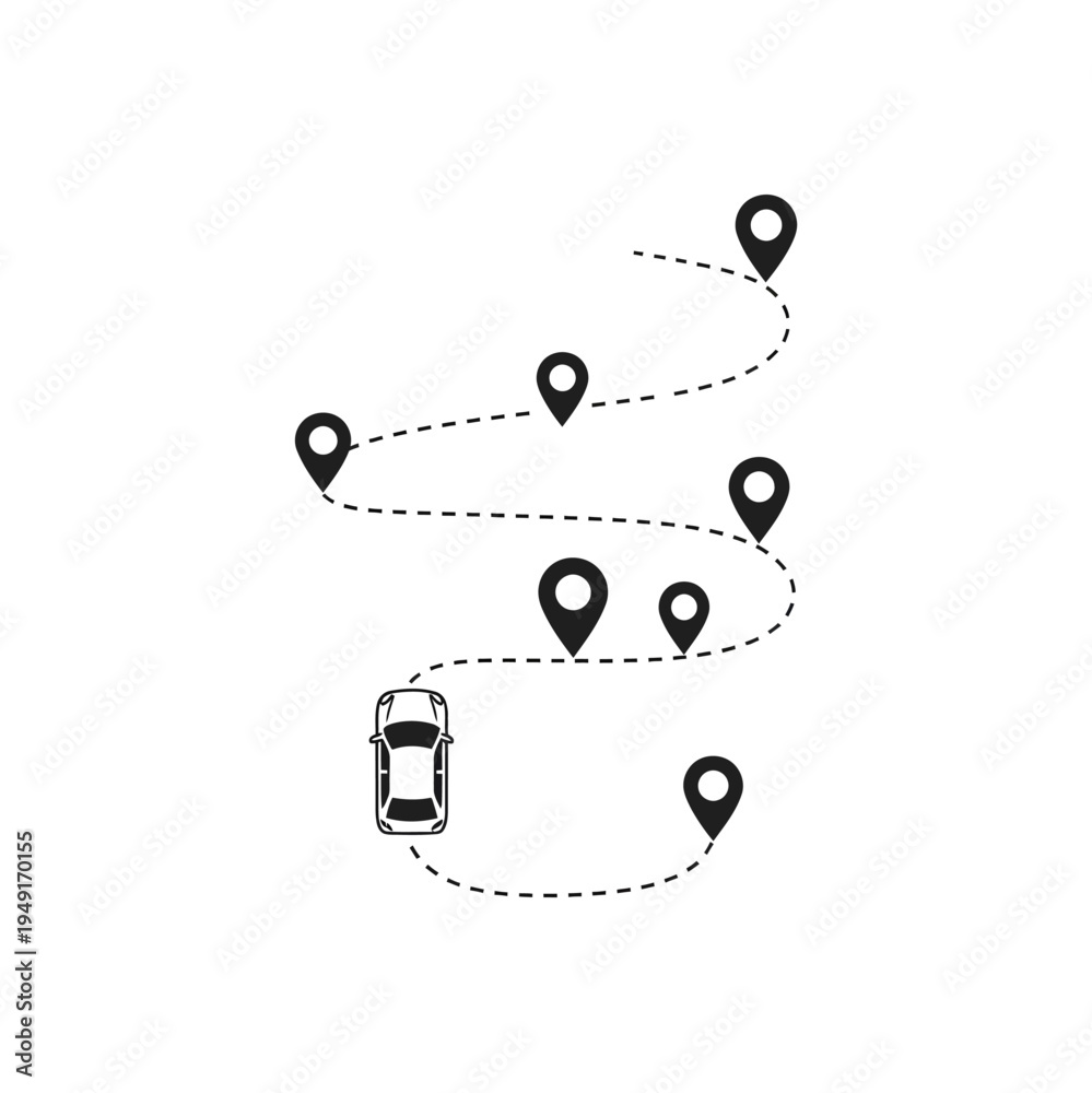 Fototapeta premium Car journey with multiple location pins along a dotted path.