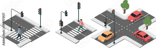 Isometric pedestrian crosswalk with traffic lights, people crossing street at intersection with cars, urban road safety vector illustration