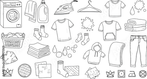 Collection of laundry and clothing items isolated on transparent background