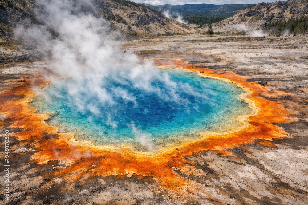 Fototapeta premium Aerial View of a Vibrant Blue Geothermal Pool Surrounded by Orange and Yellow Microbial Mats hot spring