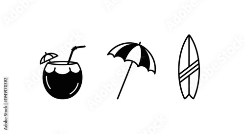 Summer Beach Icons - Coconut, Umbrella, Surfboard