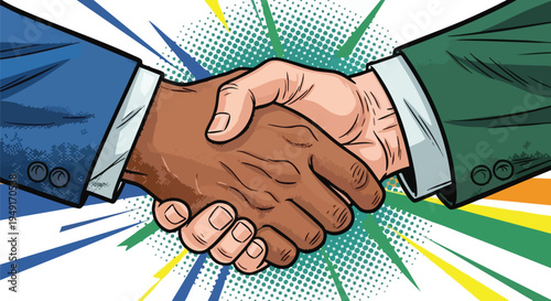 Dynamic Diversity in Business Partnership: High-Impact Pop Art Handshake Representing B2B Collaboration and Global Deals
