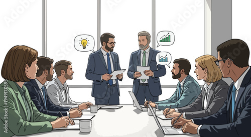 Strategic Leadership Team Collaborating on Data-Driven Growth Solutions and Corporate Innovation