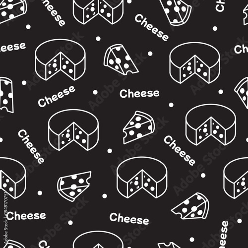 Minimalist Cheese White Line Art on Black Pattern. Seamless pattern of cheese wheels and wedges doodles. Perfect for dairy-themed packaging, food blogs, menus, and textile designs.