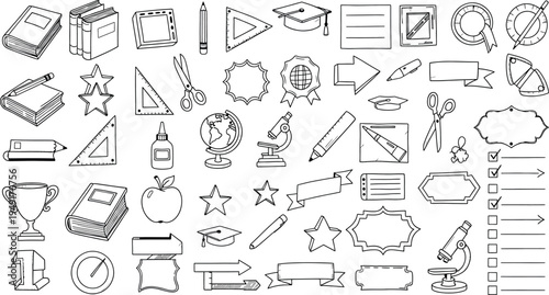 Collection of various school and office supplies icons isolated on transparent background