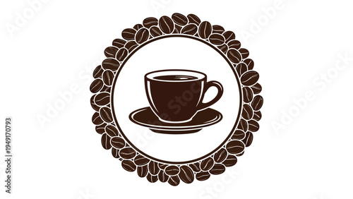 Coffee Cup in Circular Bean Frame: A minimalistic illustration features a coffee cup resting on its saucer, enclosed within a circular frame meticulously crafted from coffee beans.