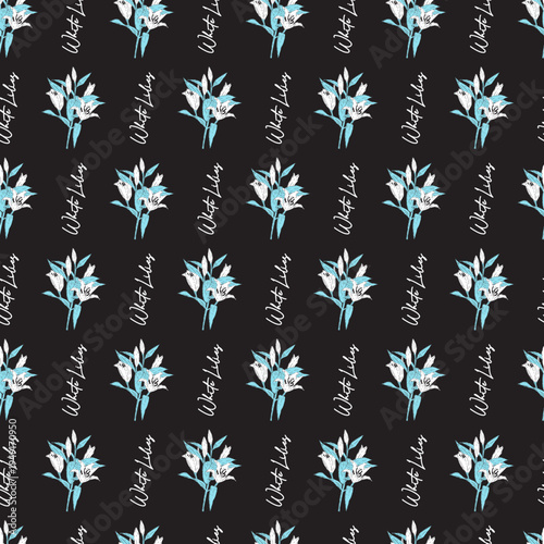 Hand Drawn White Lily Bouquets Seamless Pattern. Seamless floral pattern featuring elegant white lily bouquets. Ideal for botanical themes, fabrics, packaging, and elegant surface design.