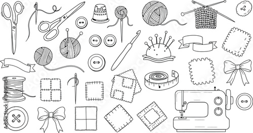Collection of various sewing and crafting tools isolated on transparent background