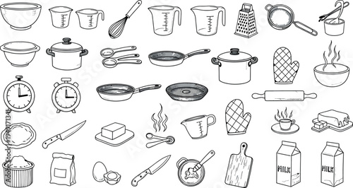 Collection of kitchen utensils and tools isolated on transparent background