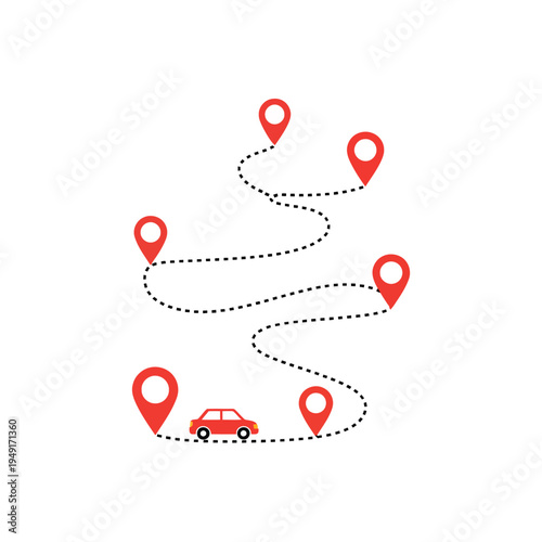 Car journey with multiple location pins and a dotted route.