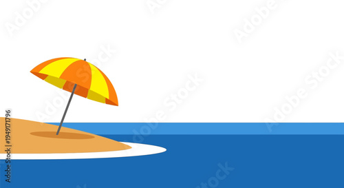 Colorful beach umbrella on small island in bright sunny weather with clear blue ocean for travel advertising