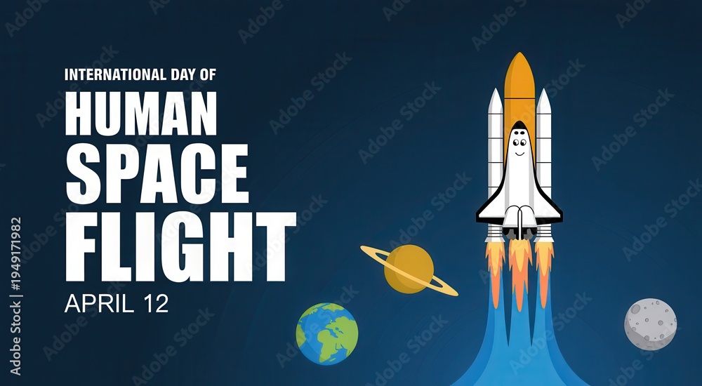 Obraz premium International day of human space flight poster with rocket and planets on blue background
