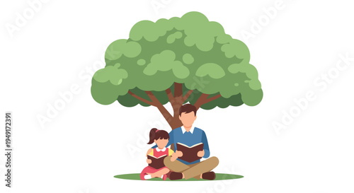 Illustration of a man reading a book with a little girl under a tree on green grass in a serene outdoor setting.