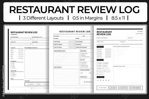 Restaurant Review Log vector template for food critics and foodies featuring scorecard, ambiance notes, and cuisine evaluation layouts.