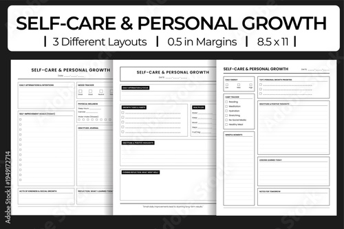 Self Care and Personal Growth planner vector for mental wellness with mood tracker, affirmations, and gratitude journal layouts.