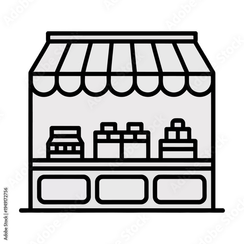 A vector illustration of a small shop facade with various products displayed