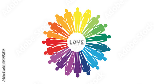 Multicolored logo with human figures forming a circle around the word 'love' on a white background with a flat design.