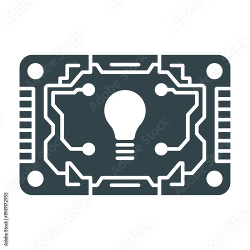A vector illustration of a circuit board with a lightbulb symbol in the center