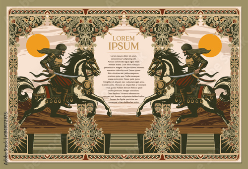 Ornamental Vintage Background Template Featuring Saracen Medieval Knight and Islamic Patterns