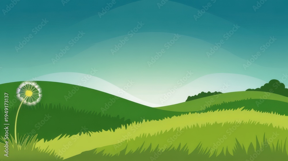 Obraz premium Vibrant Rolling Green Hills Landscape with Single Dandelion Illustrati